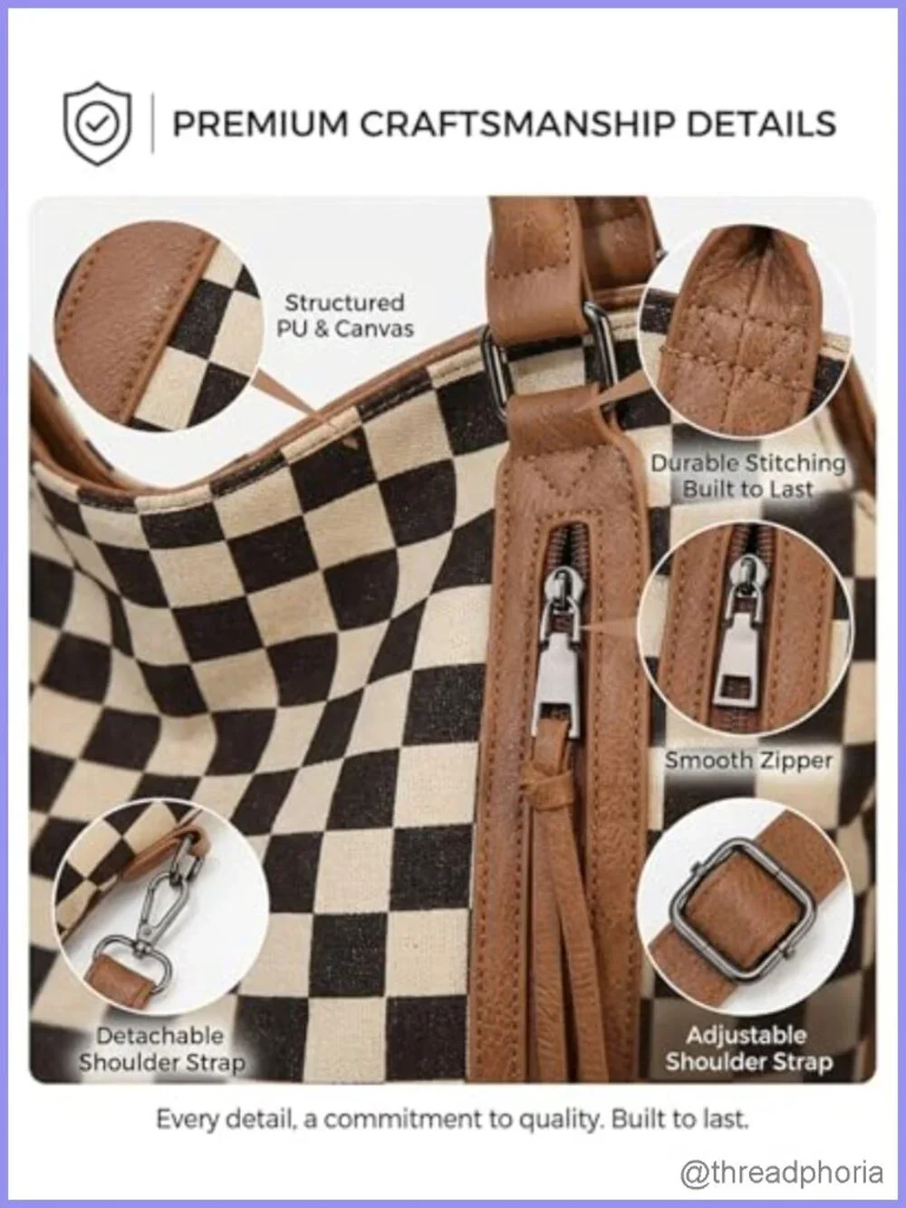 Vintage Checkered Large Hobo Shoulder Bag with Multi-Pockets PU Leather Canvas